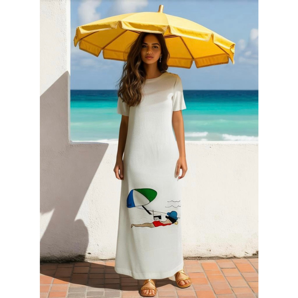 Ava Bergmann Swirl Womens Maxi Dress Sz 8 White Round Neck Beach Resort Vacation